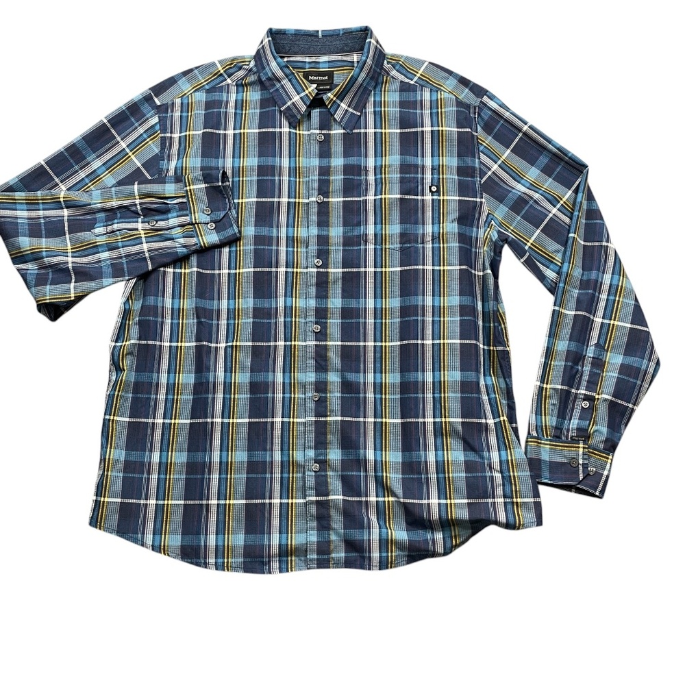 Marmot XXL Blue Plaid Long Sleeve Button Down Flannel Mens Shirt